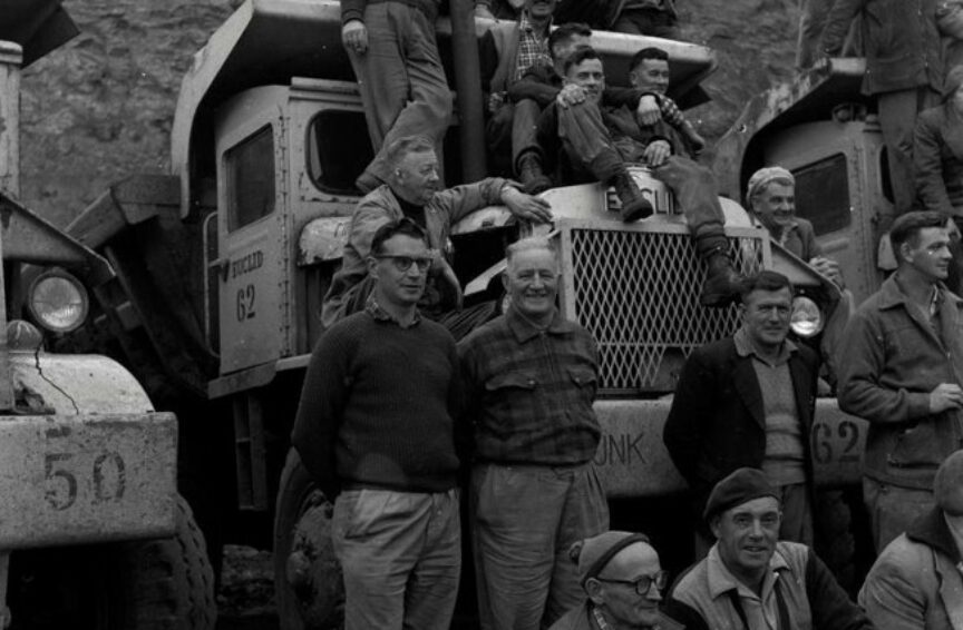 Object 12815 1 Earthmoving trucks and drivers at quarry at Gollans Bay 1950 2000 crop